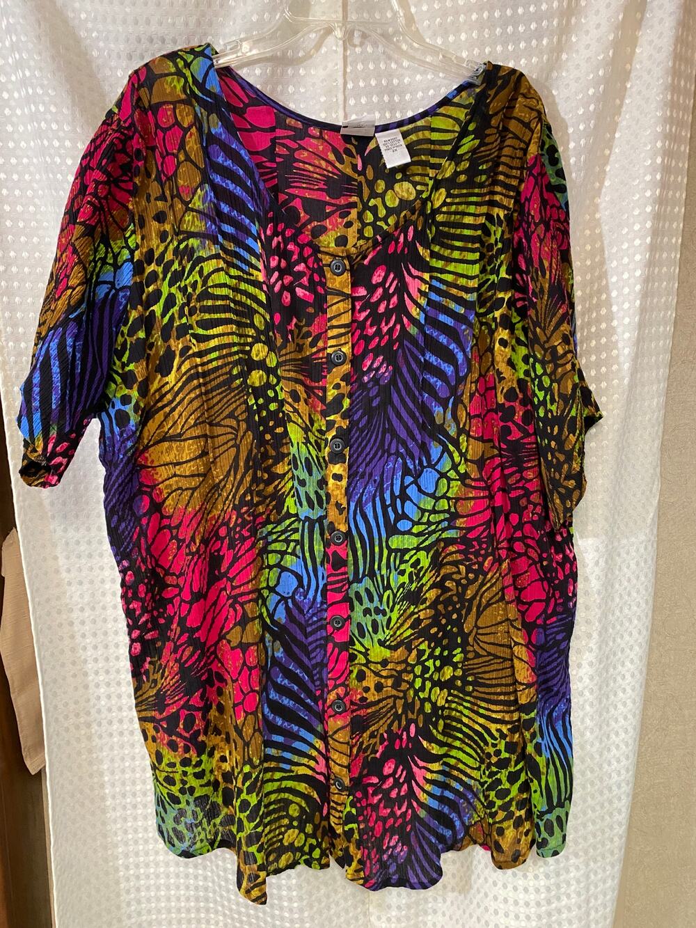 Roaman's 2X Tunic Blouse Blue Gold Green Short Sleeve Button Front